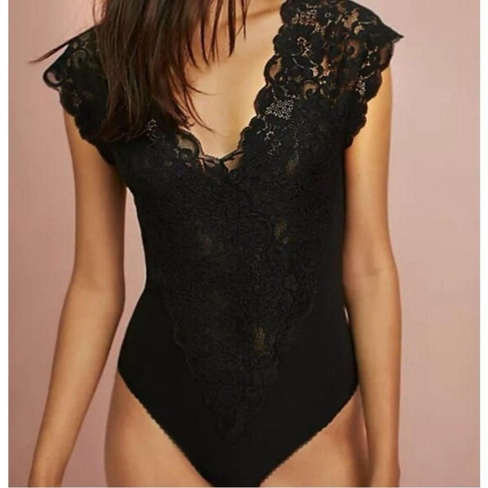 NWT We Are HAH x Free People Lady Like Bodysuit In Black Noir, Size XS, Lace